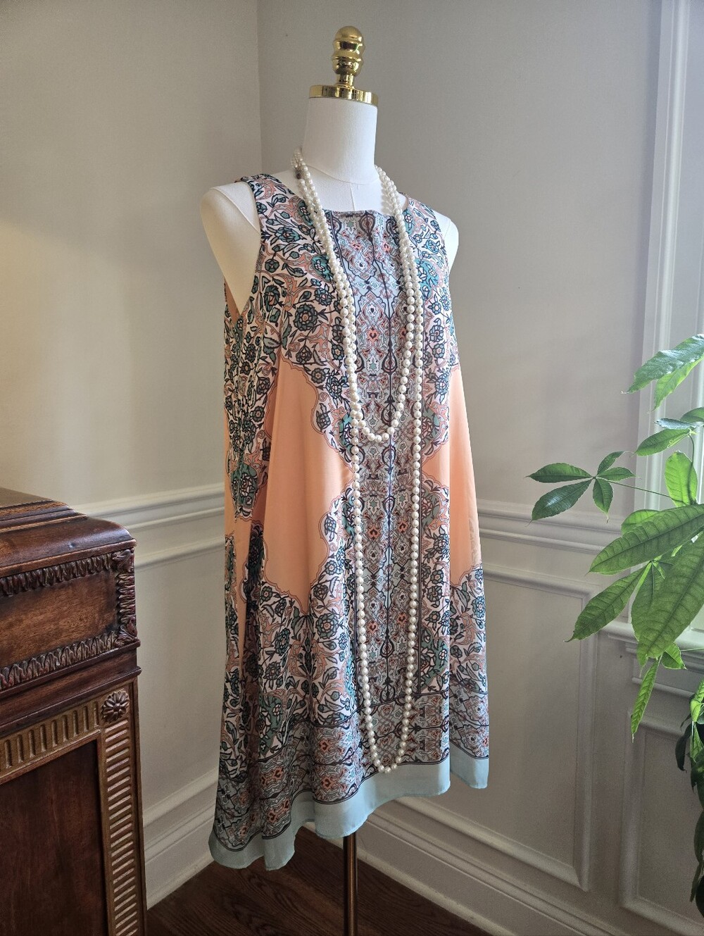 Max Studio Peach and Teal Sleeveless Dress Sz-S